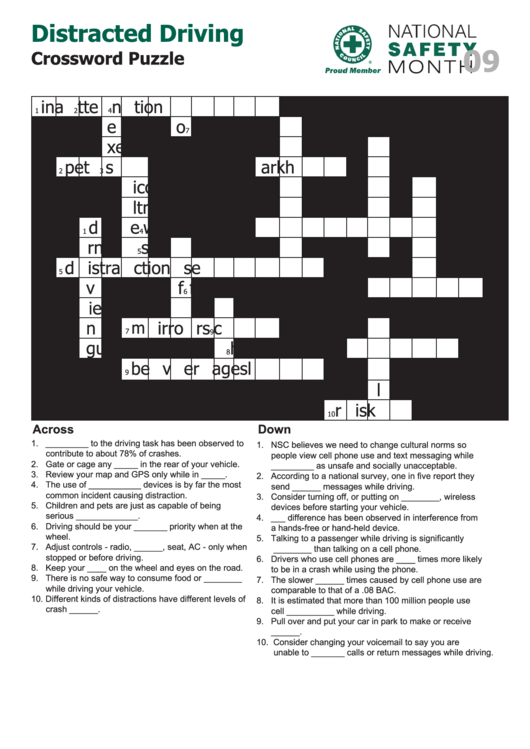 Distracted Driving Crossword Puzzle Template With Answers Printable pdf