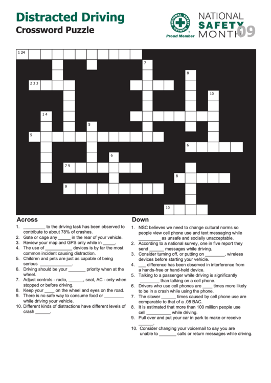 Distracted Driving Crossword Puzzle Template Printable pdf