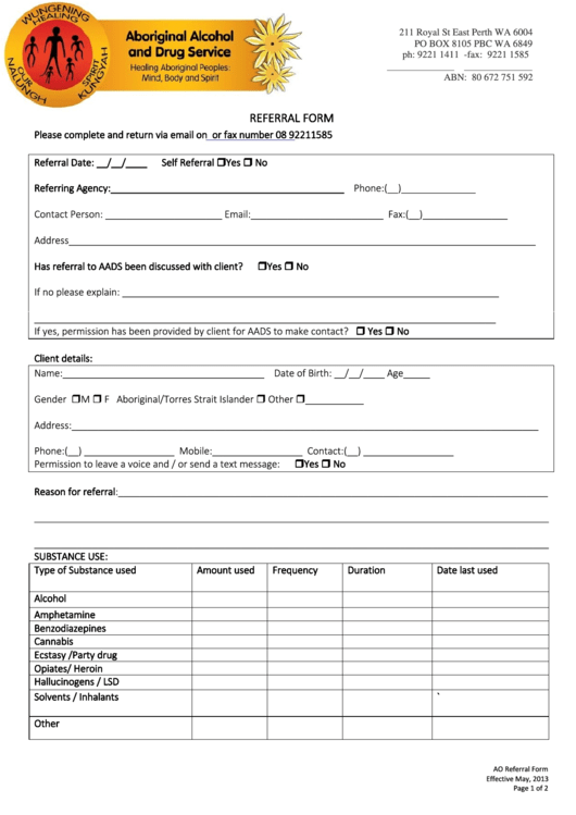 Aads Referral Form - Aboriginal Alcohol And Drug Service Printable pdf