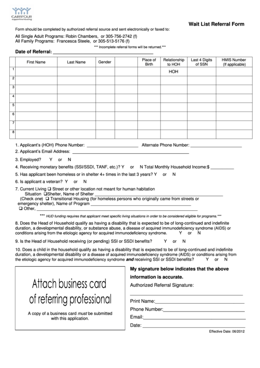 Wait List Referral Form - Carrfour Supportive Housing Printable pdf