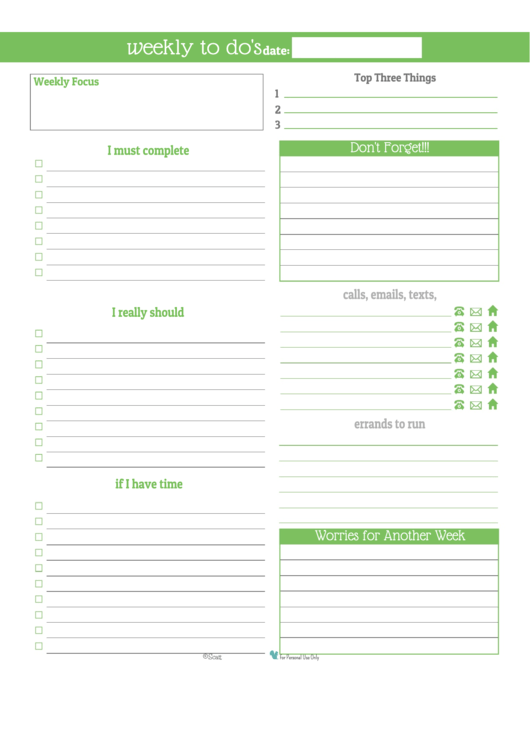 Weekly To Do List Template - Green Printable pdf