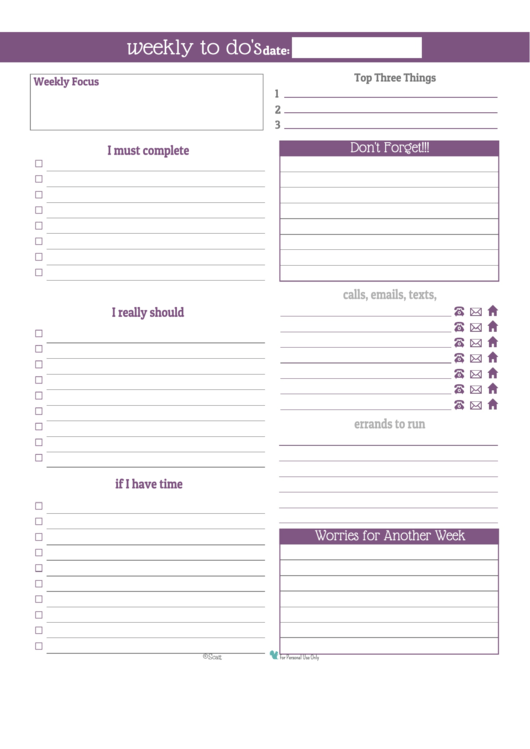 Weekly To Do List Template - Purple Printable pdf