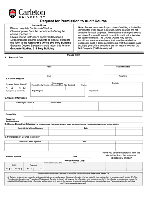 Request For Permission To Audit Course - Carleton University Printable pdf