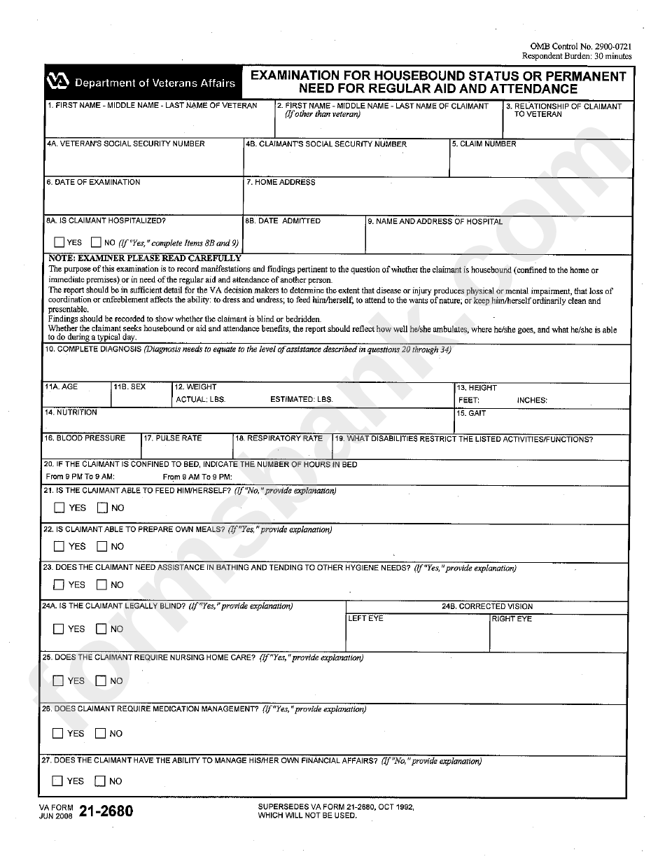 Va Form 21-2680 Examination For Housebound Status Or Permanent Need For Regular Aid And Attendance