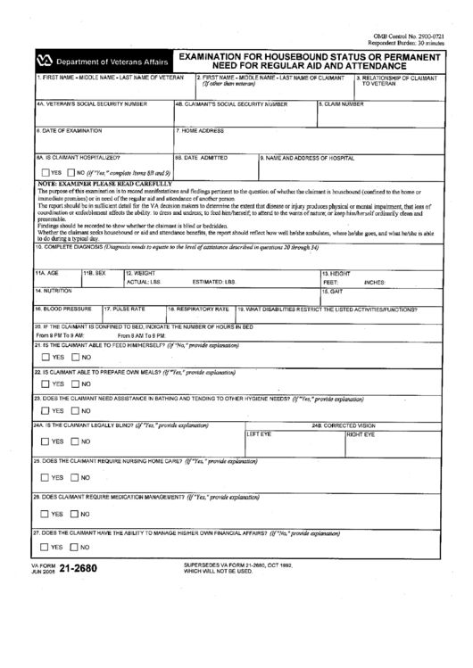 Va Form 21-2680 Examination For Housebound Status Or Permanent Need For Regular Aid And Attendance Printable pdf