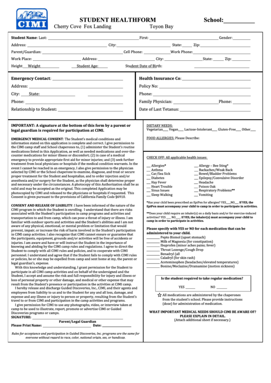 Student Health Form Printable pdf