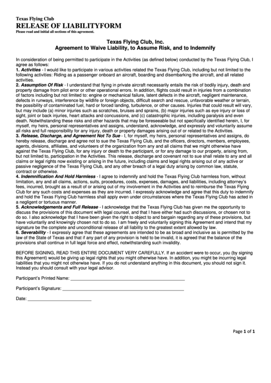 Release Of Liability Form - Texas Flying Club Printable pdf