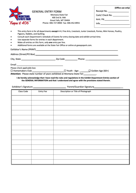 General Entry Form - Montana Expo Park Printable pdf