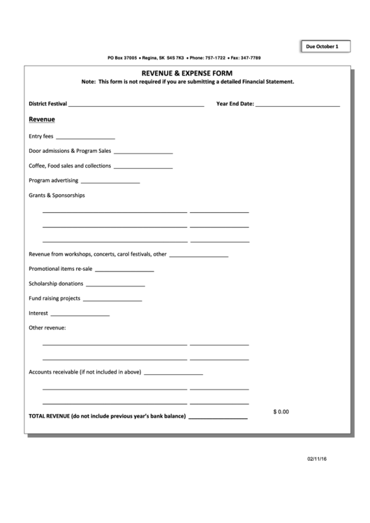 Fillable Revenue And Expense Form Printable pdf