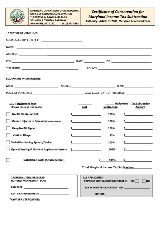 Fillable Tax Subtraction Form - Maryland Department Of Agriculture Printable pdf