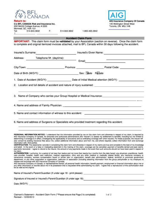 Accident Claim Form - Ringette Alberta Printable pdf
