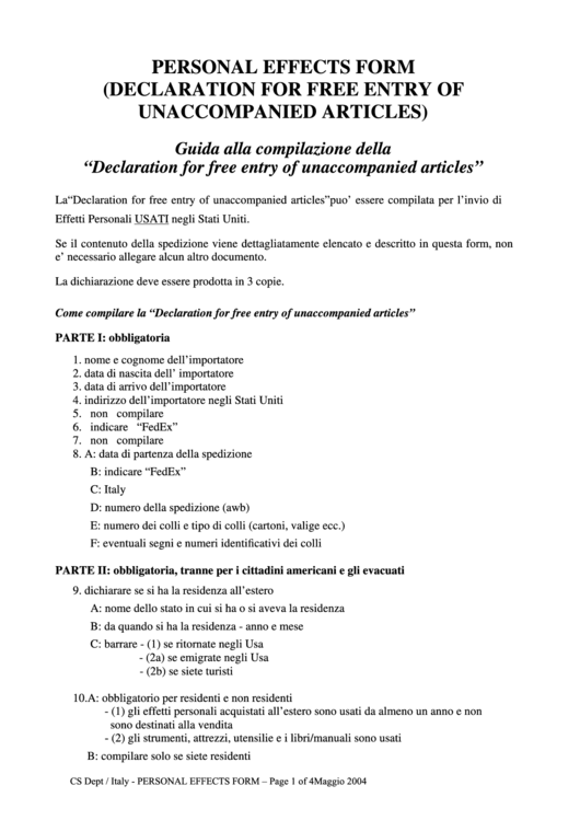 Customs Form 3299 - Declaration For Free Entry Of Unaccompanied Articles (Instructions In Italian) Printable pdf