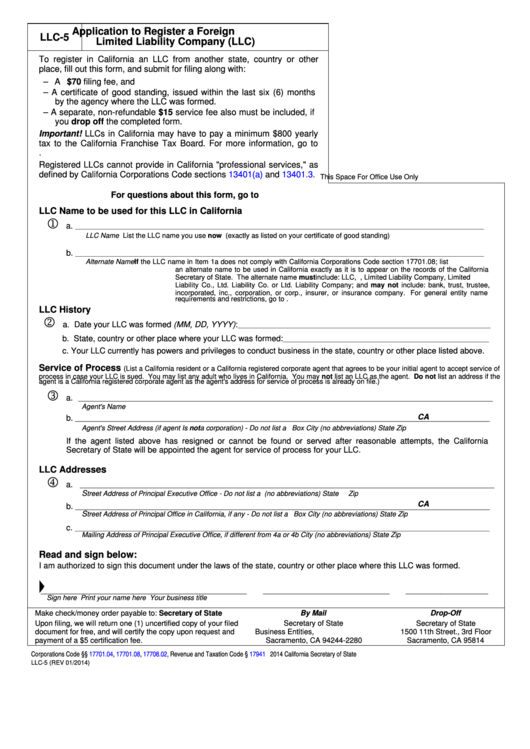Fillable Form Llc-5 - Application To Register A Foreign Limited Liability Company (Llc) - 2014 Printable pdf