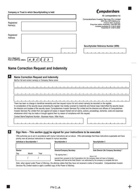 Fillable Name Correction Request And Indemnity Printable pdf