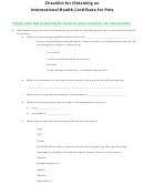 Pets International Health Certificate Obtaining Checklist Printable pdf