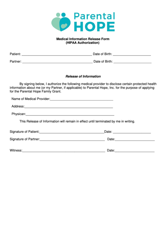 Fillable Medical Information Release Form (Hipaa Authorization) Printable pdf
