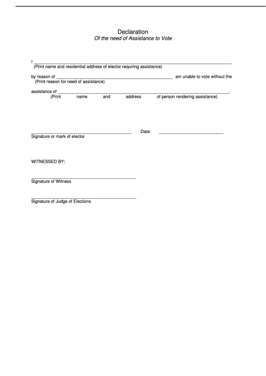 Declaration Of Need Of Assistance Form - Votes Pa Printable pdf