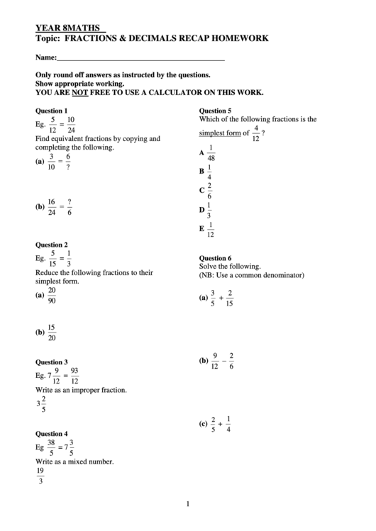 Y7 Fractions And Decimals Qs Bank Printable pdf