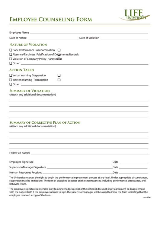 Employee Counseling Form - Life University Printable pdf