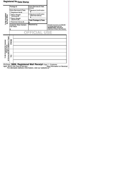 Ps Form 3806 - Registered Mail Receipt Template Printable pdf
