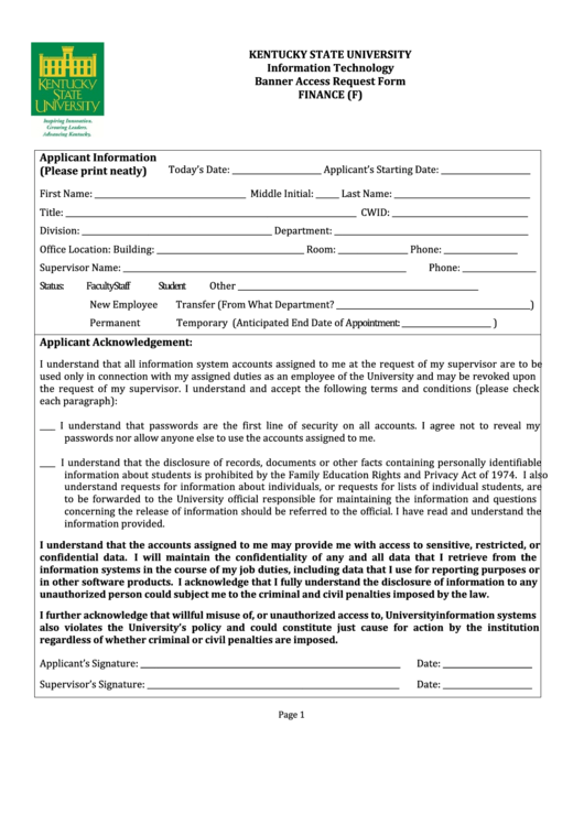 Fillable Account Request Form Template - Kentucky State University Printable pdf
