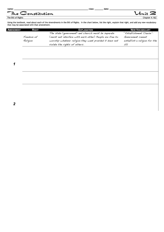 Bill Of Rights Chart - The Constitution Worksheet Printable pdf