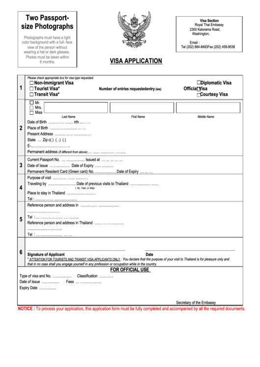 Visa Application Form - Thai Embassy, Washington Dc Printable pdf