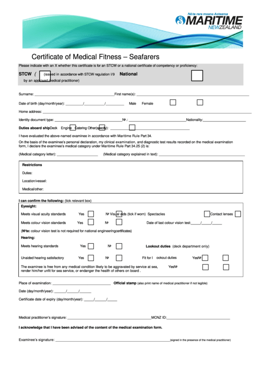 Certificate Of Medical Fitness - Seafarers (Form) - Maritime Nz Printable pdf