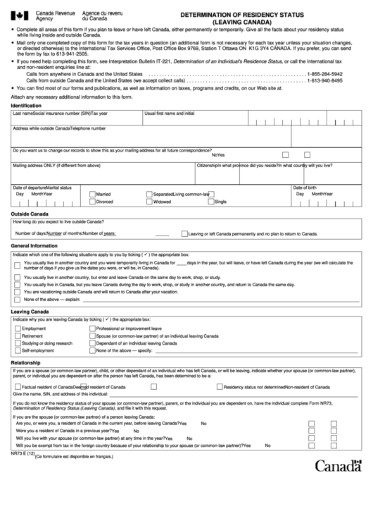Determination Of Residency Status (Leaving Canada) - Canada Revenue Agency Printable pdf