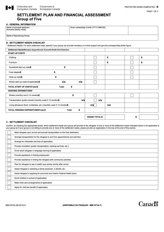 Fillable Settlement Plan And Financial Assessment Printable pdf