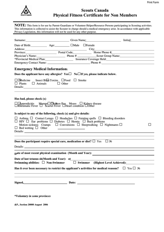 Fillable Physical Fitness Form For Non-Members - Scouts Canada Printable pdf
