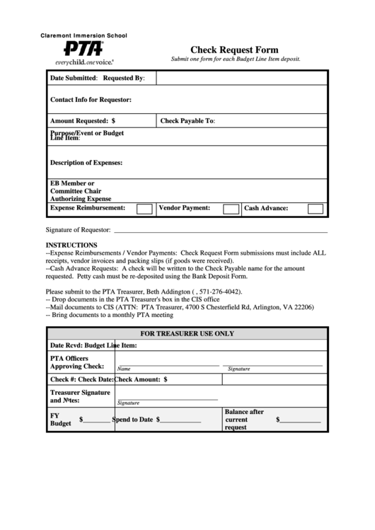 Fillable Check Request Form - Claremont Immersion Elementary School Pta ...