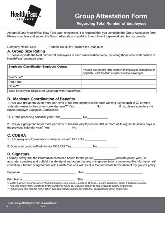 Group Attestation Form - Healthpass Printable pdf