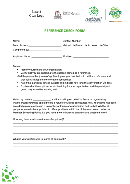 Reference Check Form - Netball Wa Printable pdf