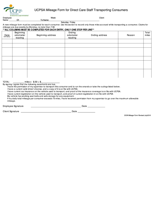 Ucpsa Mileage Form For Direct Care Staff Transporting Consumers Printable pdf