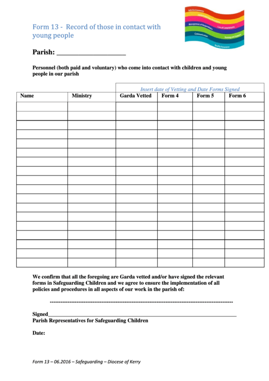 Form 13 Record Of Those In Contact With Young People - Diocese Of Kerry Printable pdf