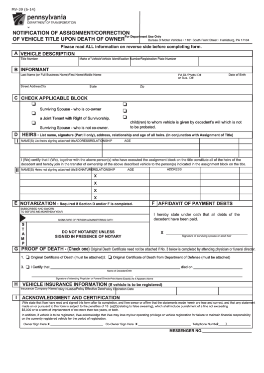 Fillable Form Mv-39 - Notification Of Assignment/correction Of Vehicle Title Upon Death Of Owner Printable pdf