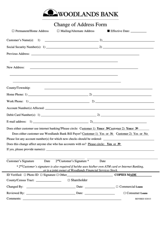 Change Of Address Form - Woodlands Bank Printable pdf