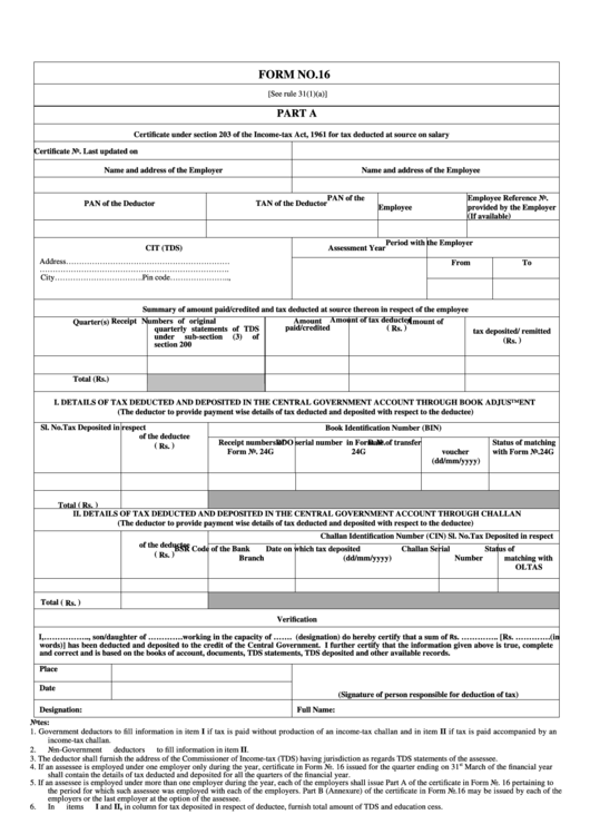 Form No.16 - Certificate Under Section 203 Of The Income-Tax Act, 1961 For Tax Deducted At Source On Salary Printable pdf