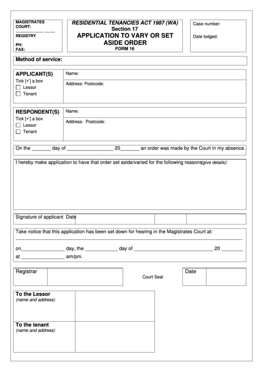 Form 16 - Application To Vary Or Set Aside Order Printable pdf