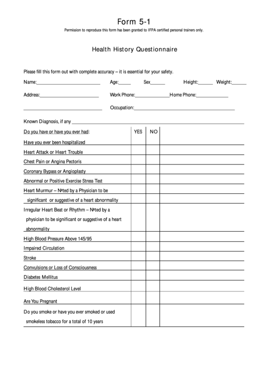 Health History Questionnaire Printable pdf