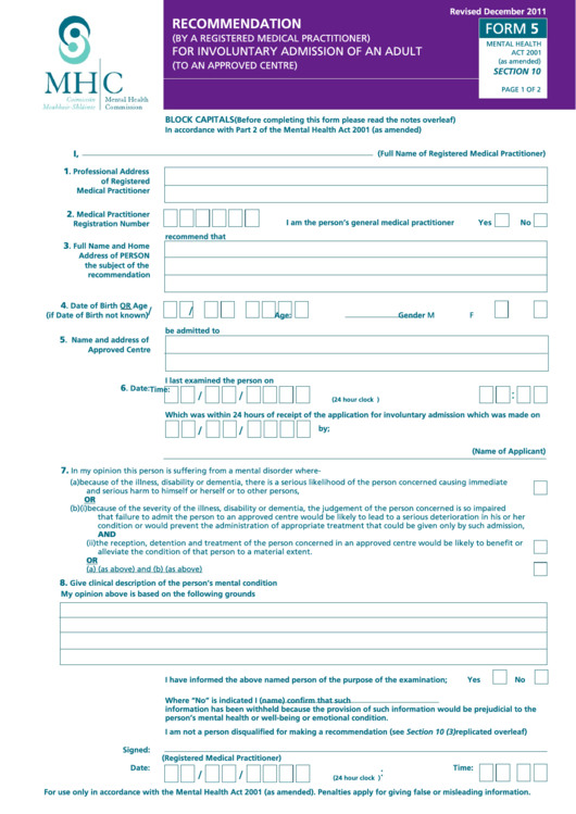 Form 5 - Mental Health Commission Printable pdf