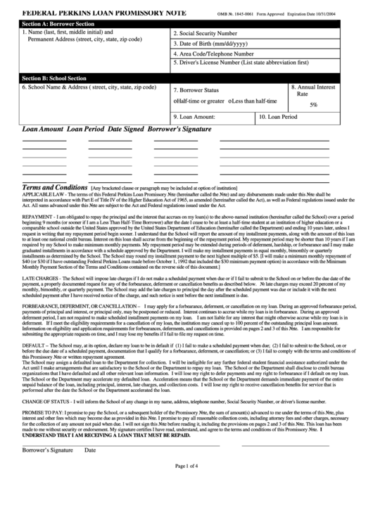 Omb No. 1845-0061 Form - Federal Perkins Loan Promissory Note Printable pdf