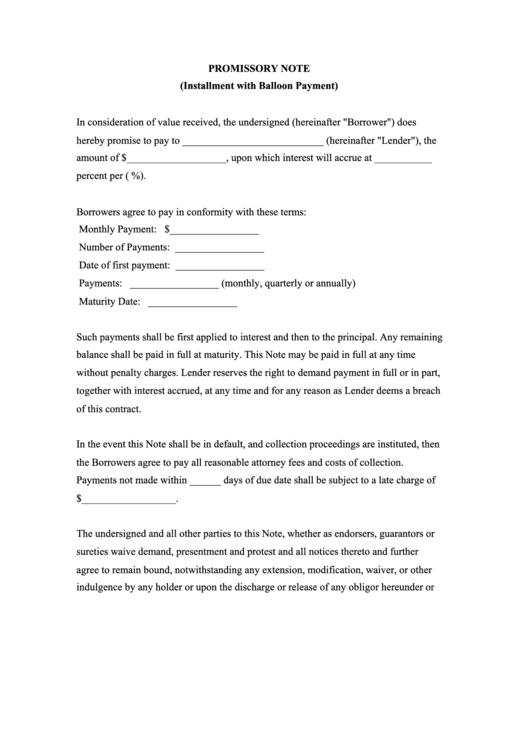 Fillable Promissory Note Template (Installment With Balloon Payment) Printable pdf