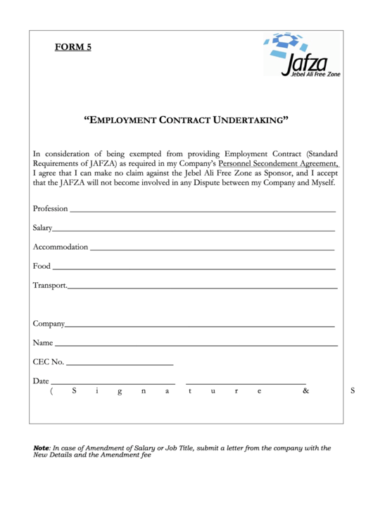 Fillable Form 5 - Employment Contract Undertaking Printable pdf