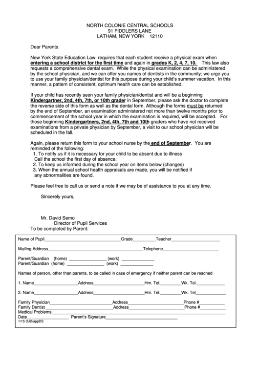 Fillable Nysed Health Certificate/appraisal Form - North Colonie Central School District Printable pdf