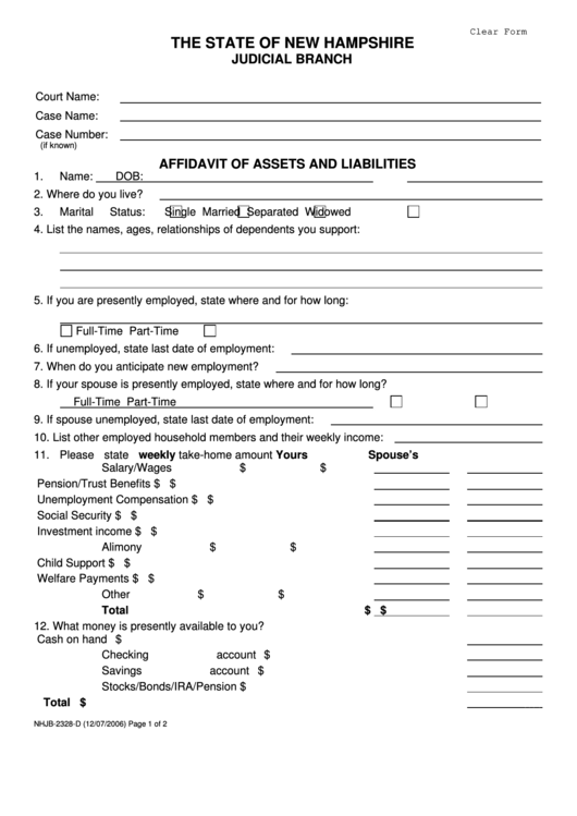 Fillable Affidavit Of Assets And Liabilities Printable pdf