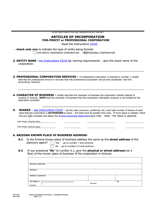 Fillable Form C010.001 - Articles Of Incorporation For-Profit Or Professional Corporation - 2010 Printable pdf