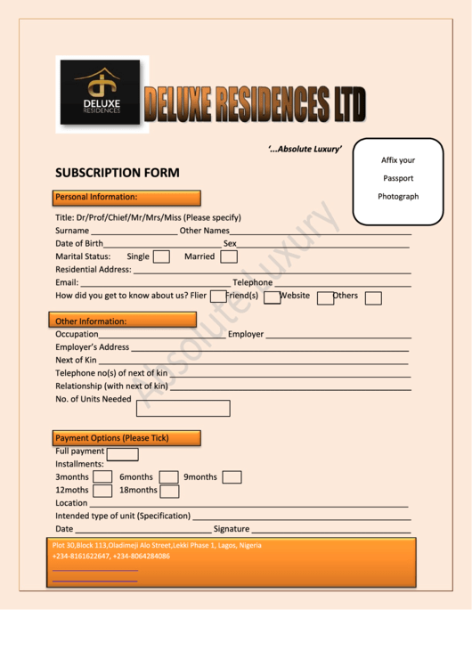 Rental Services Subscription Form Printable pdf