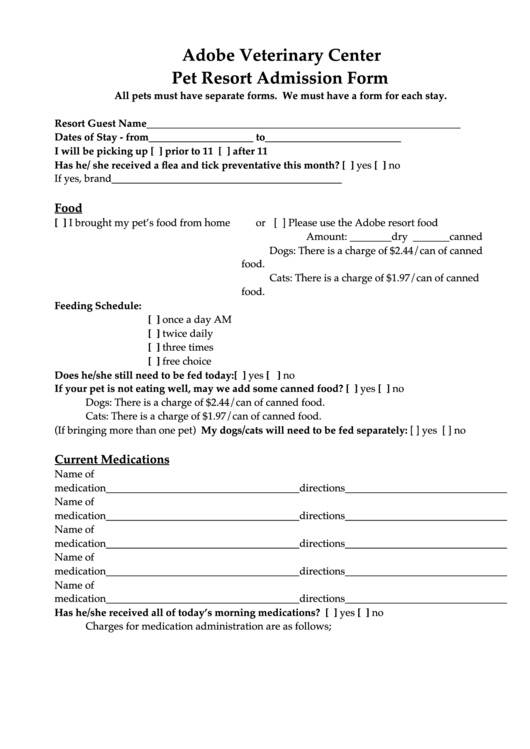 Pet Resort Admission Form - Adobe Veterinary Center Printable pdf